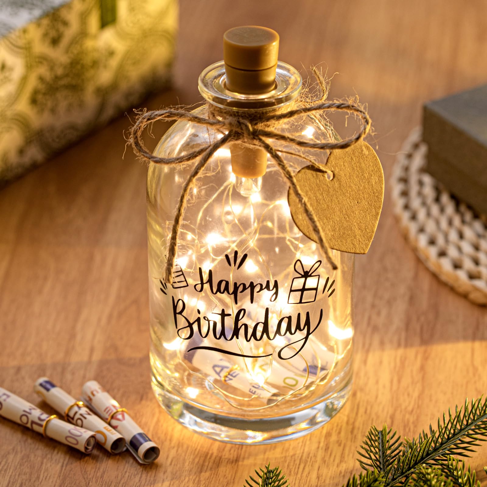 BBTO Compleanno di Regali in Denaro Luce LED Bottiglia con Scritta Bottiglia Decorativa Illuminata Bottiglia Salvadanai Regalo Confezione di Denaro per Compleanno Natale(Happy Birthday)