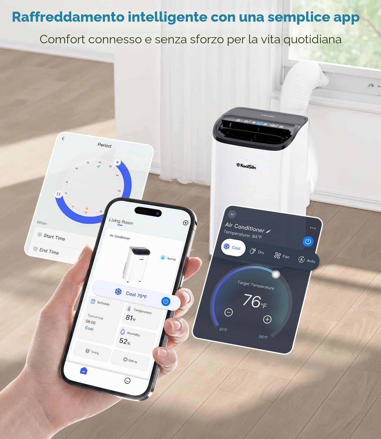 Climatizzatore portatile da 14 000 BTU con WiFi e telecomando, raffredda fino a 65 m², evaporazione automatica, unità di climatizzazione portatile a basso rumore per stanze grandi, ufficio, garage