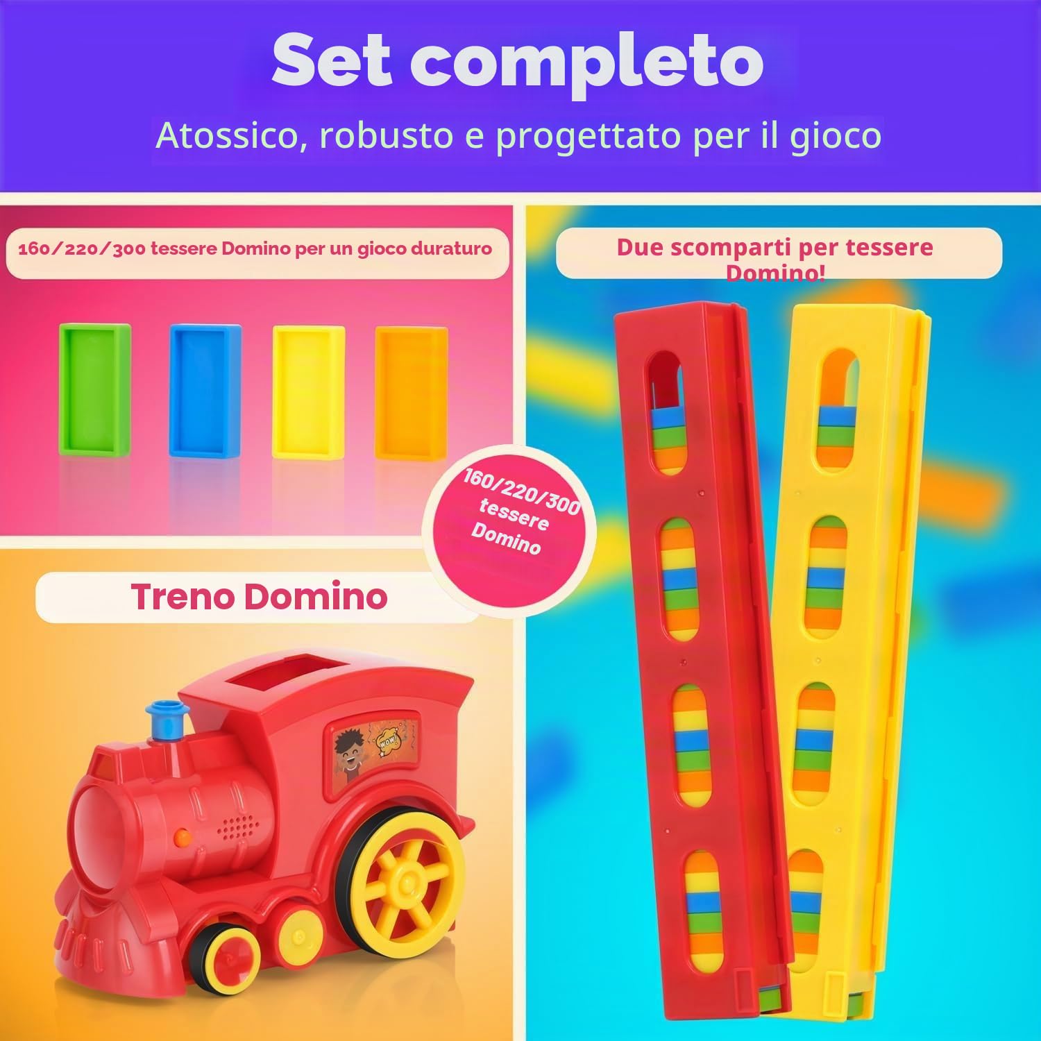 Atlasonix Domino Train Set da 160 pezzi per domino per bambini, prepara automaticamente la tua esperienza di rally per ragazzi e ragazze dai 3 agli 8 anni, rosso