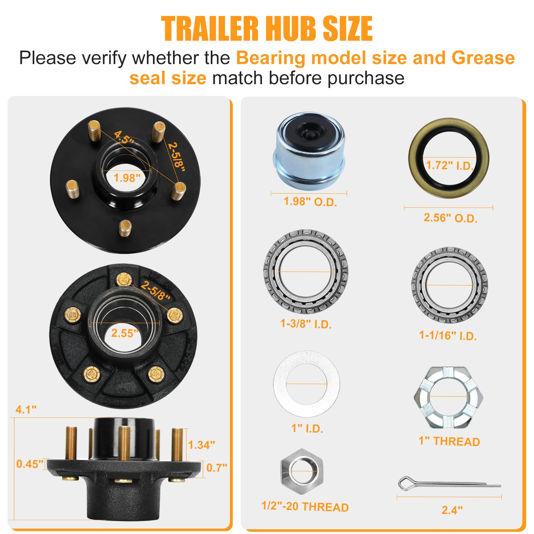 Snapklik.com : 2 Sets Trailer Hub Kit 5 Bolt 4.5