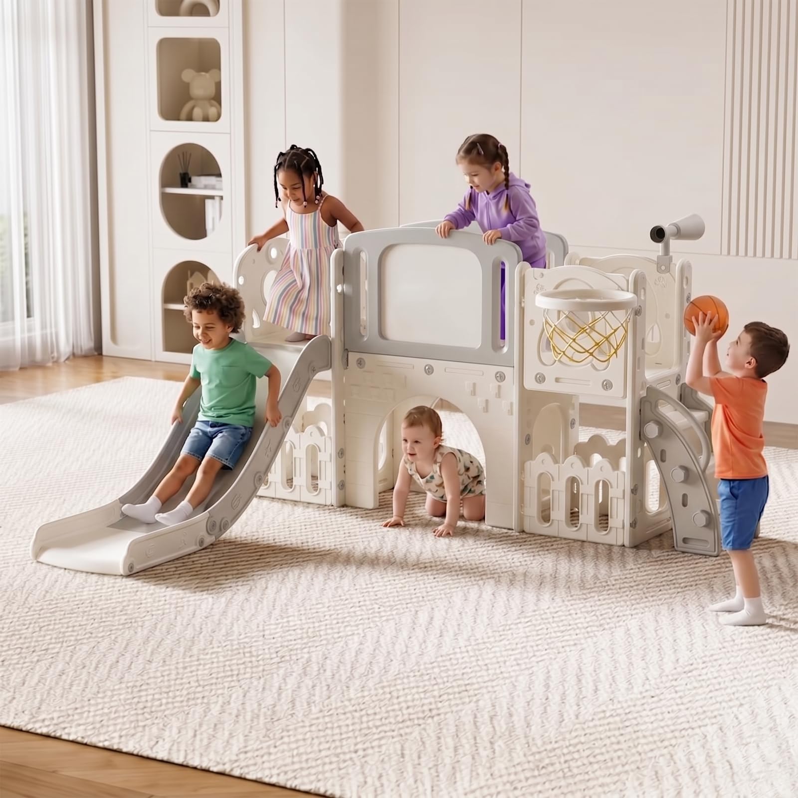 Magic ZC Scivolo per Bambini Scivolo Indipendente Toddler Climber Parco Giochi per Neonati Set di Giochi Interni all'aperto Scivolos Lungo Attività Kid Play Equipment (XST-Grey White)