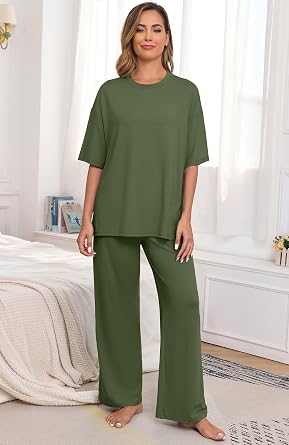 PrinStory Womens Pajamas Sets 2 Piece Lounge Set Short Sleeve Tops and Long Pants Soft Pjs Loungewear with Pockets