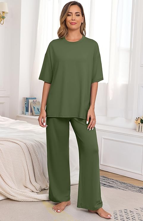 PrinStory Womens Pajamas Sets 2 Piece Lounge Set Short Sleeve Tops and Long Pants Soft Pjs Loungewear with Pockets