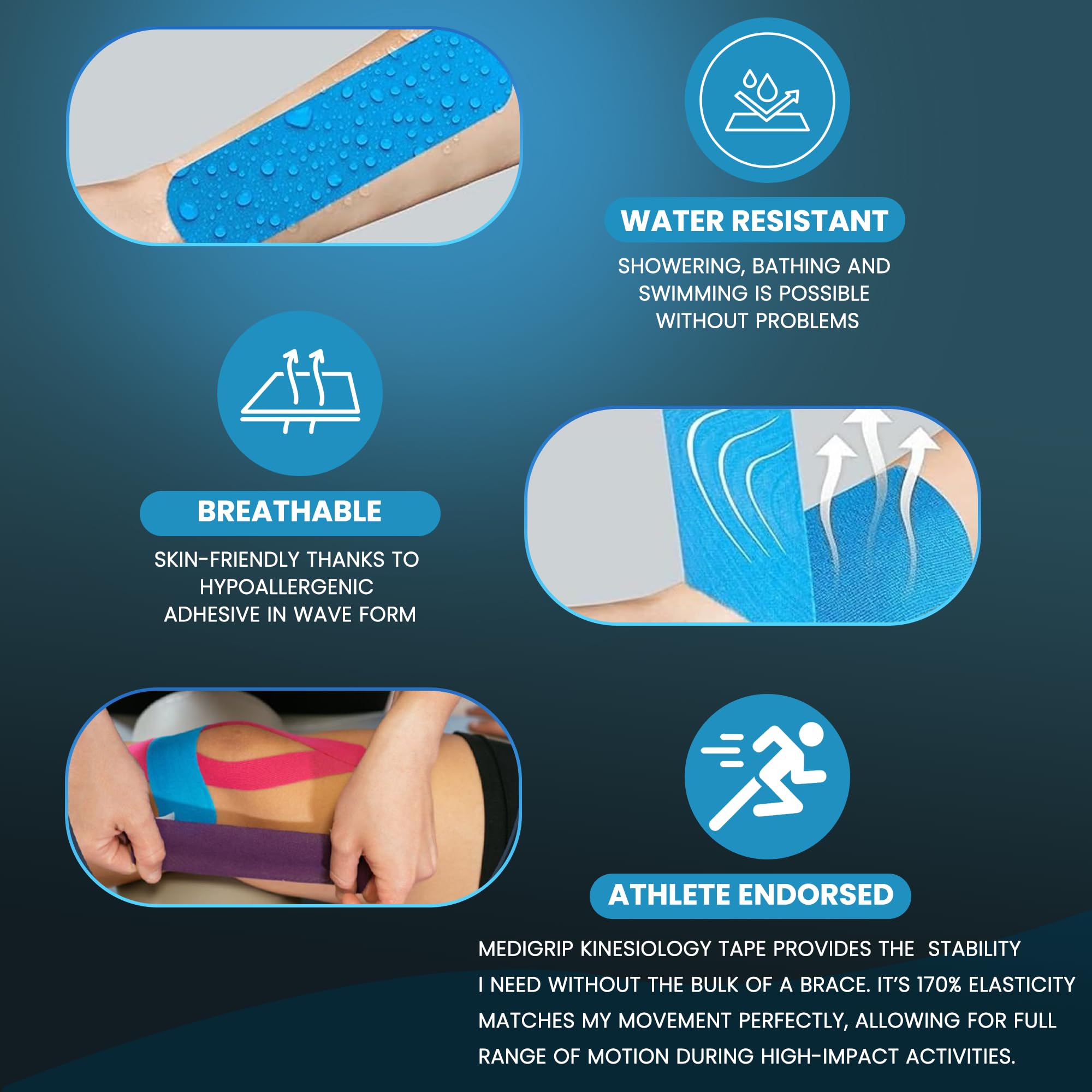 Medigrip Kinesiology Tape (5 cm x 5 m) – 1 Roll, Blue – Waterproof, Sweat-Resistant, Bi-Directional Flexibility for Muscle Support, Sports Injuries & Active Performance 2