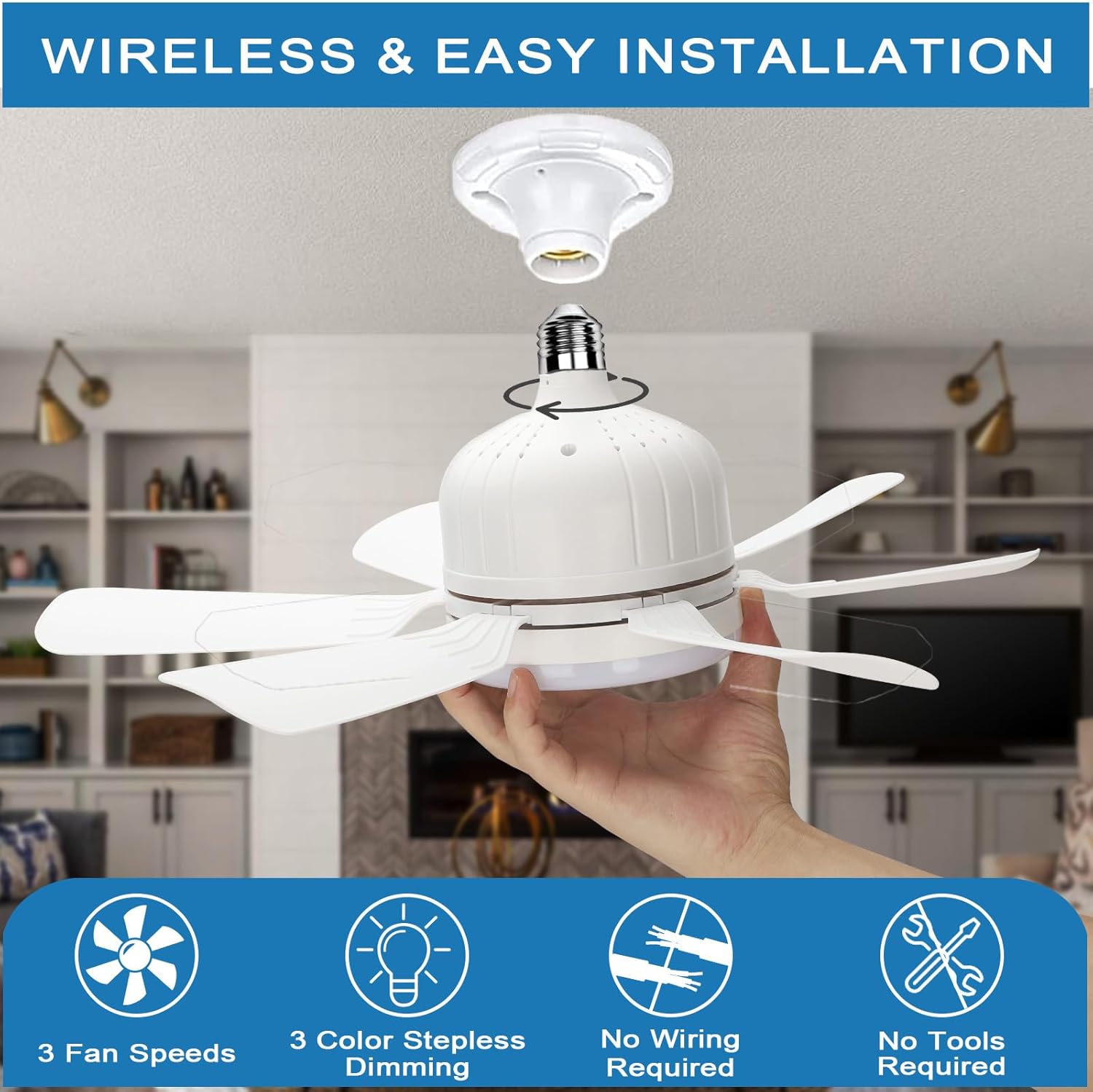 Ceiling Fans with Lights and Remote Control, E26 Base, 3 Fan Speeds, 3 Colors stepless dimming, LED Ceiling Light for Bedroom, Living Room Kitchen, Living Room, Pack of 1