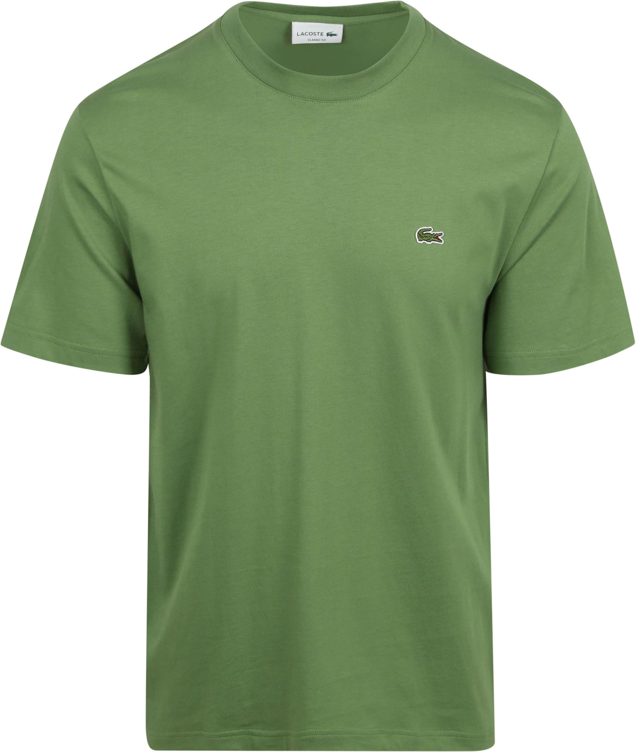 Lacoste Camiseta de Algodón Verde Mache Vert, Manga Corta, Cuello Redondo, Corte Clásico con Cocodrilo Bordado
