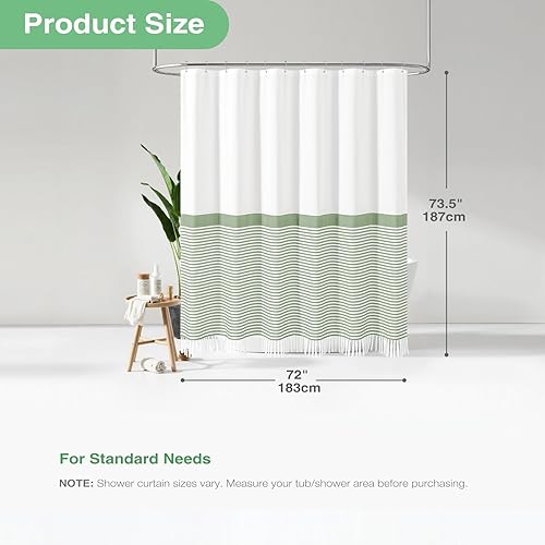 Miniatura 4 de Dynamene Cortina de ducha de tela burdeos, cortina de ducha con borlas a rayas bohemias para baño, juego de cortina de ducha de lino bohemio con