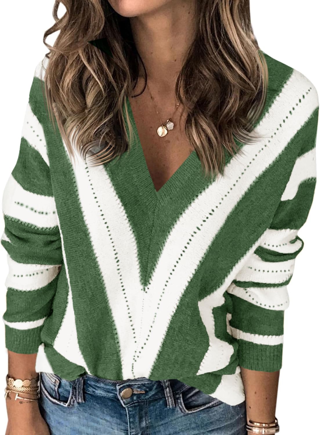 Fisoew Damen Pullover Oversized V-Ausschnitt Strickpullover