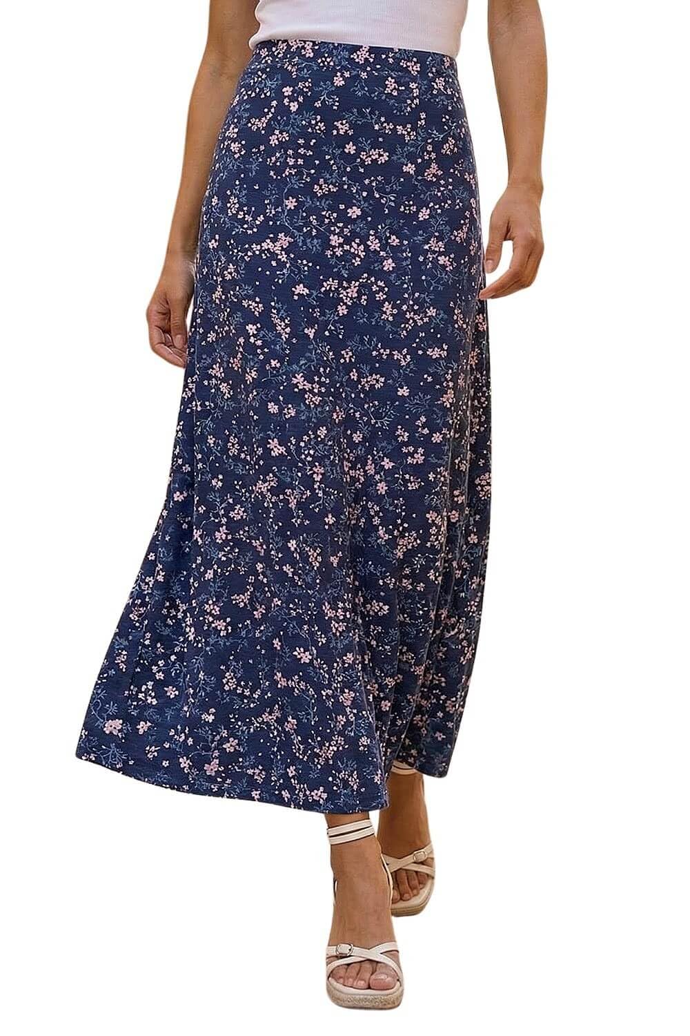Roman Jersey Skirt for Women UK - Ladies Midi Maxi Floral Animal Print Autumn Winter Swing Smart Casual Office Cocktail Party Going Out Evening Holiday Cruise - Navy Grey - Size 14