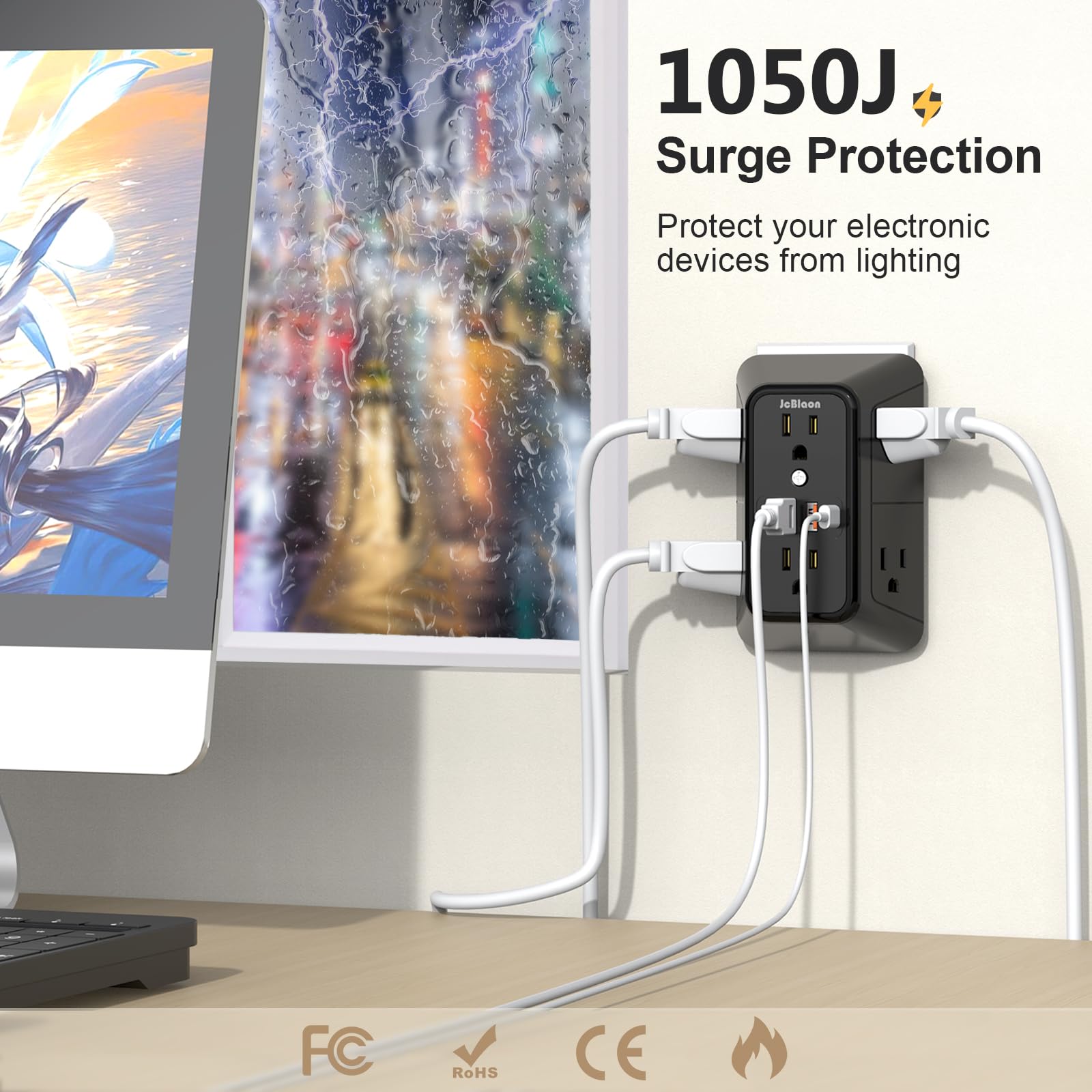 Paquete de 2 extensores de toma de pared con múltiples enchufes, 6 divisores de salida de CA con 4 puertos USB (2 USB C) cargador de pared 1050J tira de alimentación 125V/15A, 1875W para el hogar, la