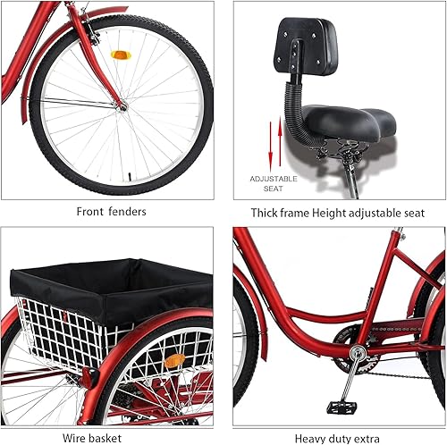 Miniatura 6 de Triciclo para adultos de 26 pulgadas, bicicleta de 7 velocidades y 3 ruedas para mujeres y hombres, bicicleta de crucero con cesta de la compra,