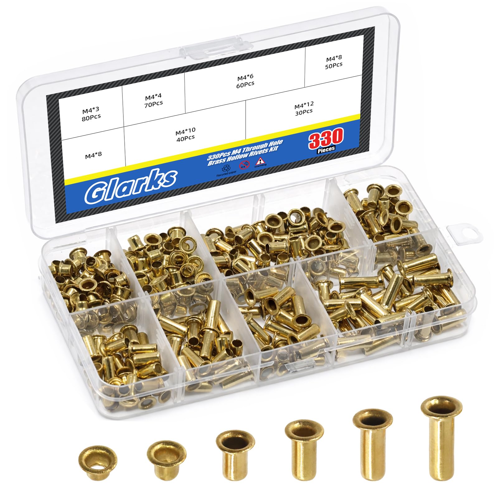Glarks 330pcs M4 x 3/4/6/8/10/12mm Through Hole Copper Rivet Kit, Heavy Duty Hollow Rivet, Copper Air Eye Rivets, Brass Eyelets Rivets, Hollow Grommets Rivets for DIY Crafts, Leather, Clothes — image 1