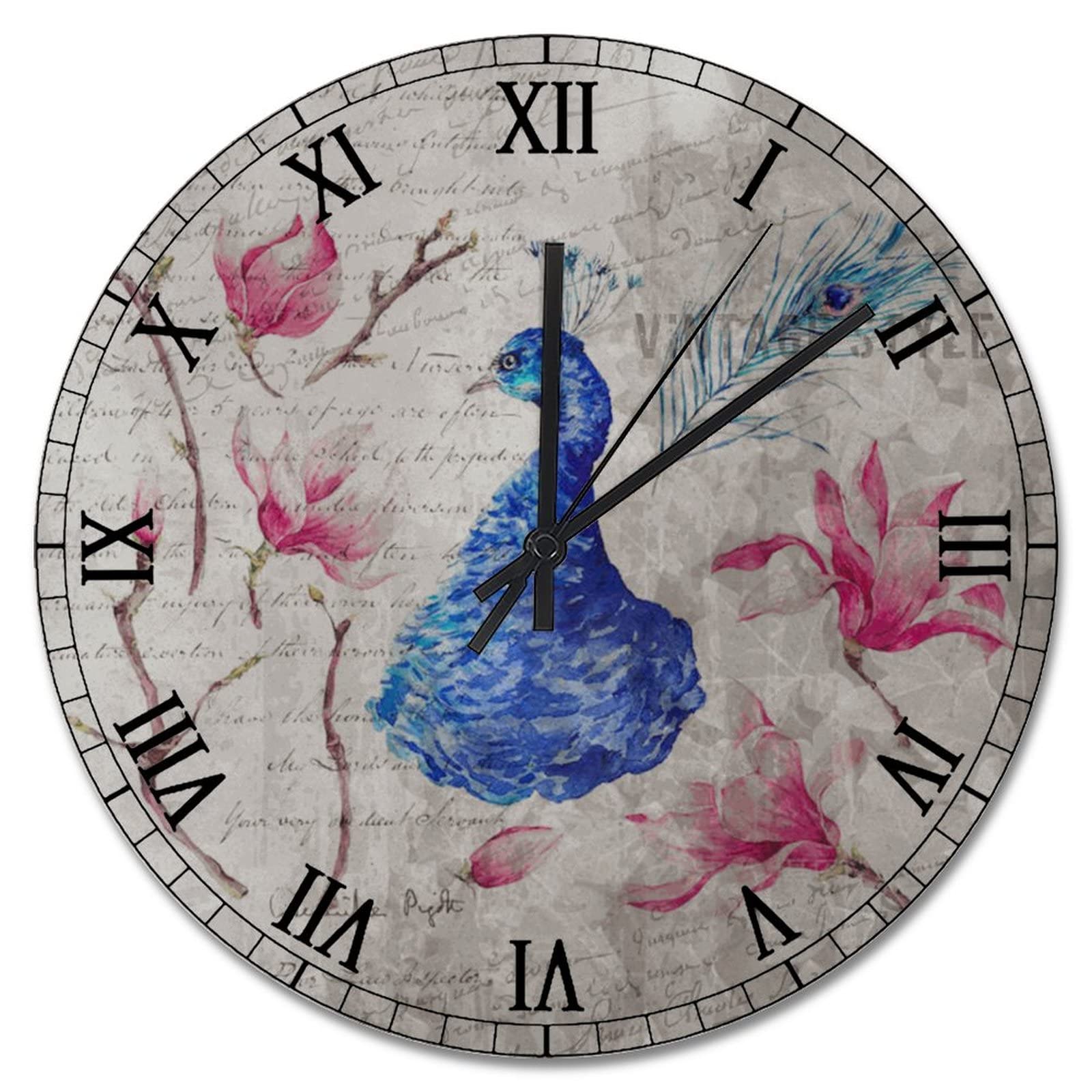 Horloge murale vintage bois chinoiserie paon 38 cm pendule pile cuisine salon