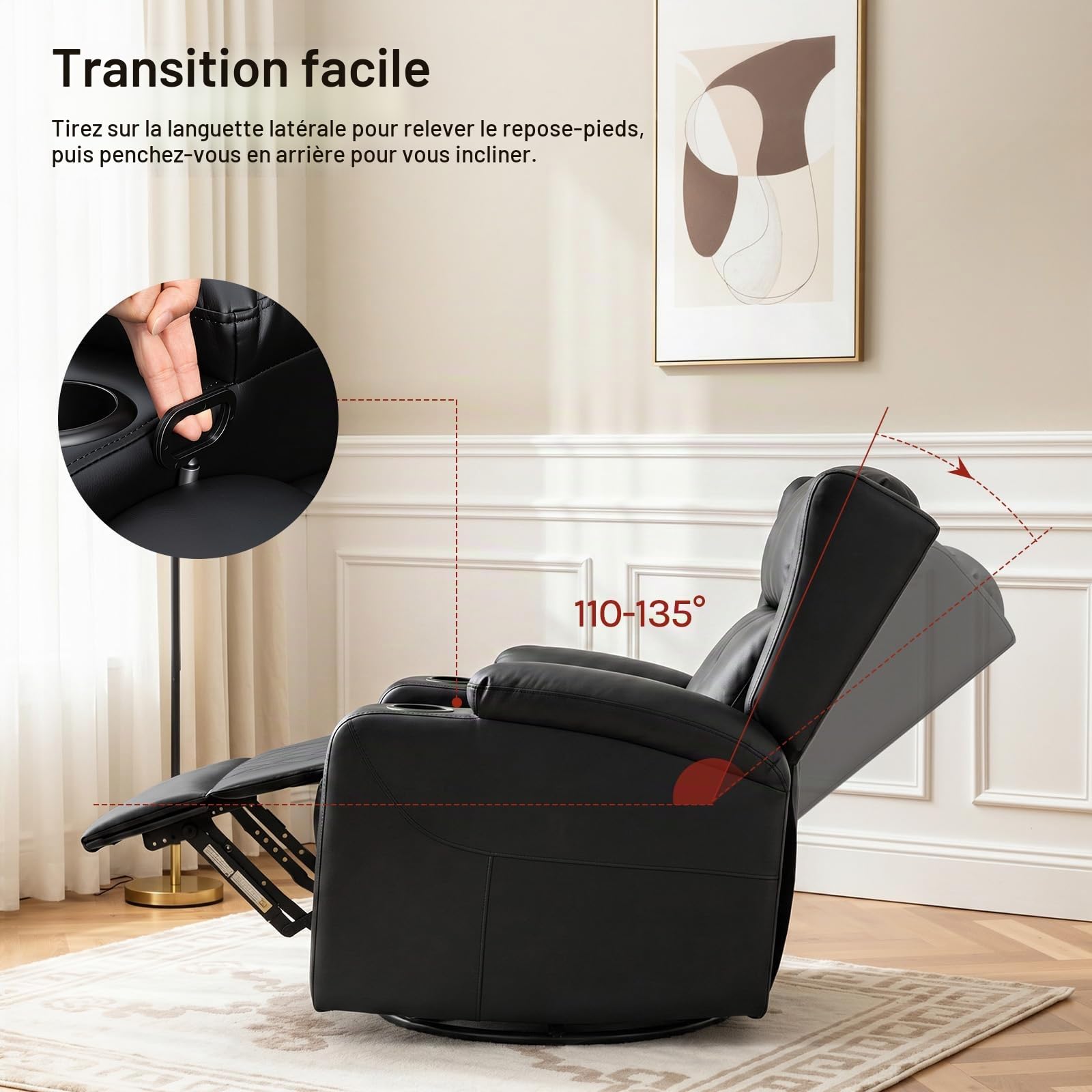 WOLTU Fauteuil Relax Pivotant à 360°, inclinable, Bascule, PU, Noir | Fauteuil TV, Dossier Inclinable, Bascule, Repose-Pieds, Poches Latérales et Porte-gobelet, Charge 150 kg