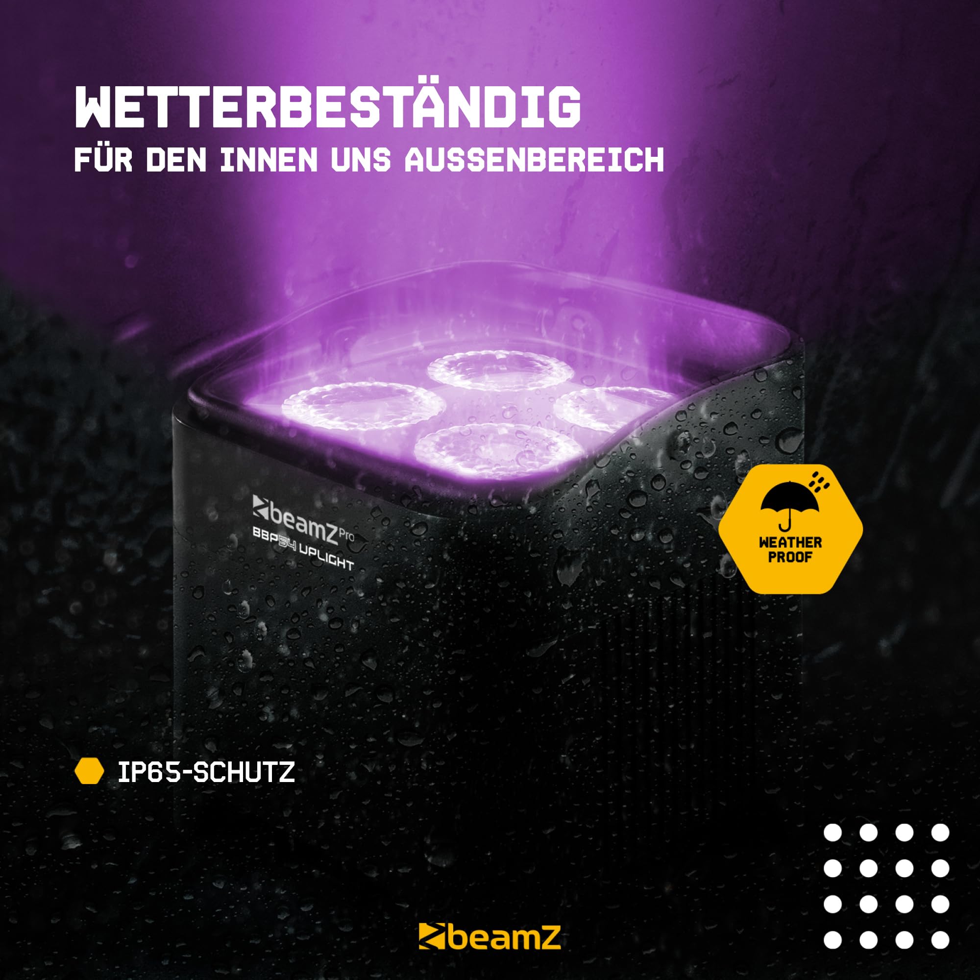 BeamZ Professional BBP54 Uplight 4er Set, Akku LED Strahler 4x12 Watt, DMX, IP65, RGBAW-UV Schwarzlicht, 15h Akkulaufzeit, Akku tauschbar - Schwarz