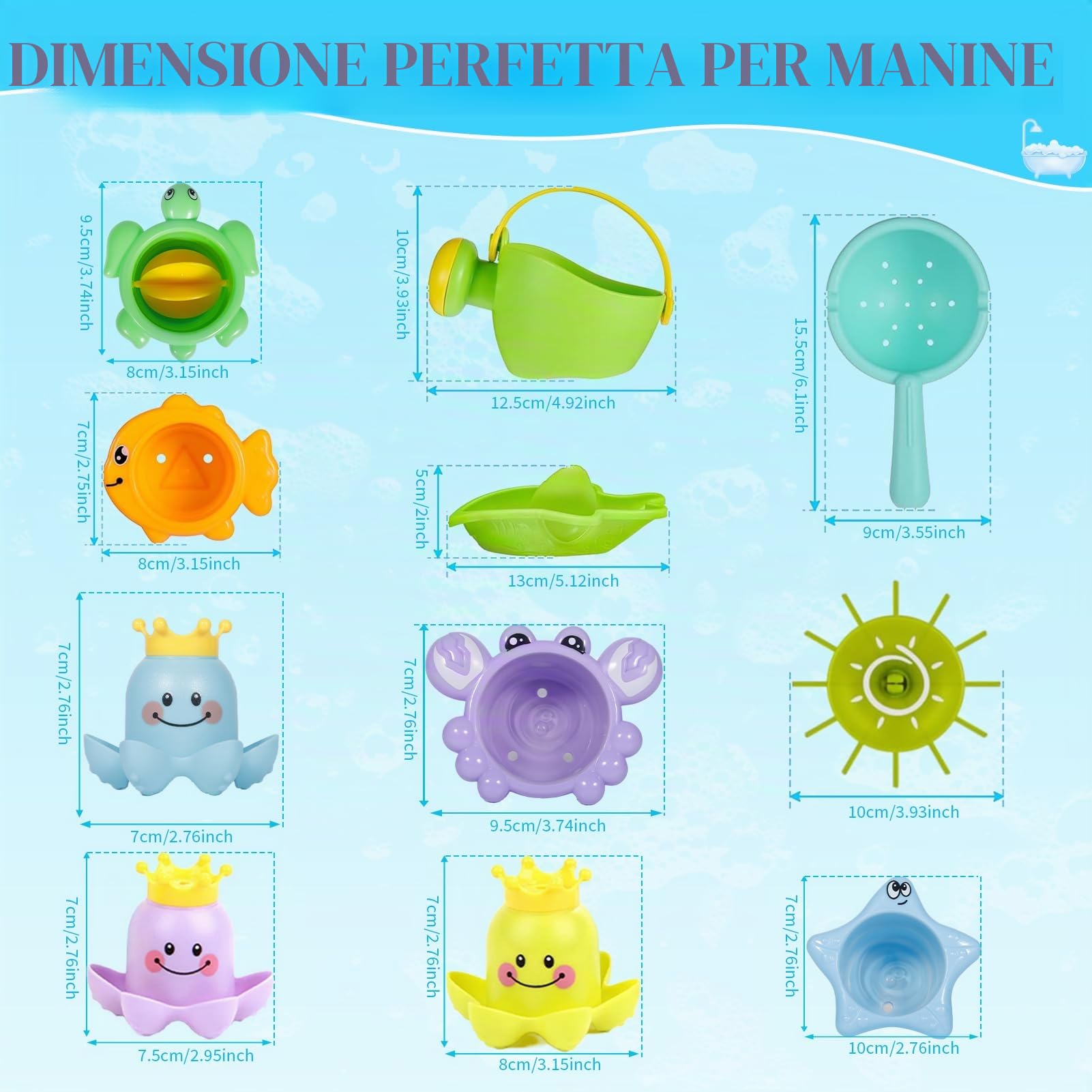 Giochi Bagnetto Neonato 14 Pezzi, Set Giochi Vasca da Bagno Bambini con Annaffiatoio, Ruota d’Acqua, Bicchieri Impilabili e Barchette, Giochi Bagnetto Neonato Atimuffa per Bagno e Piscina