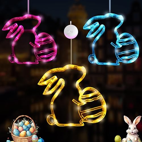 3 luces de ventana de Pascua colgantes de conejo, decoración al aire libre, conejito rosa, azul, amarillo, luz de puerta, decoración de Pascua,