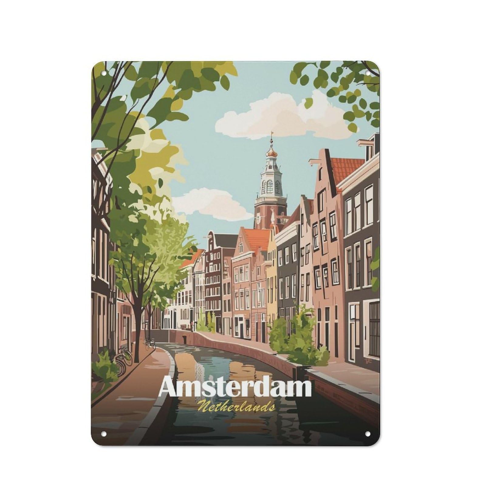 Junmoney Style-10 Amsterdam Netherlands Canal Cityscape Illustration Rustic Printed Metal Sign 40X30cm For Bar Or Restaurant, For Bar Decor Enthusiasts