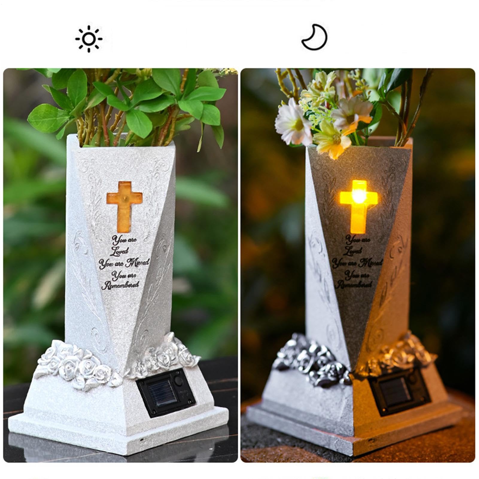 Générique Vase Funéraire avec Lumière Solaire, Décorations Funéraires pour Fleurs Fraîches Ou Artificielles, Vase Funéraire Décoratif Solaire en Résine pour Pelouse, Cour, Cimetière Et Jardin