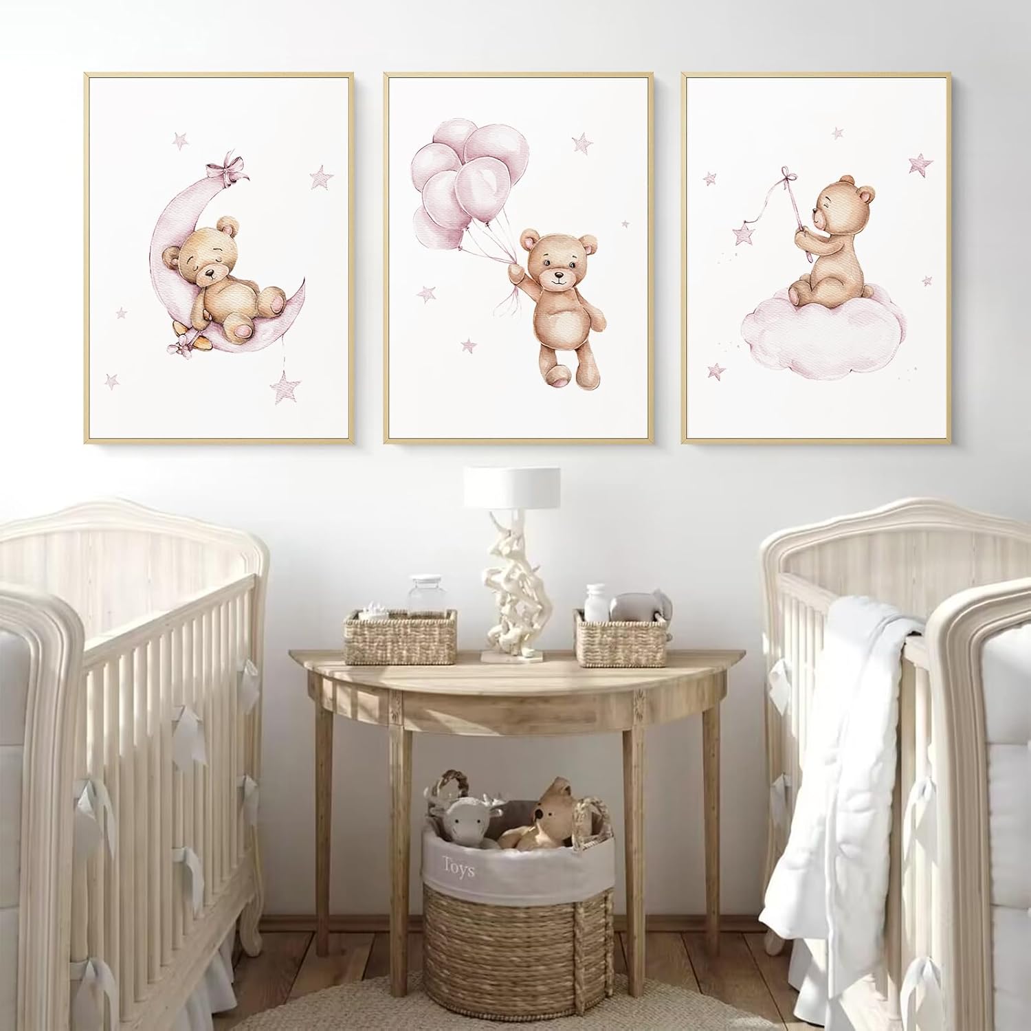 Bear Nursery Wall Art Decor Set of 3 Teddy Bear Wall Art Baby Girl Canvas Wall Decor Pink Pictures Balloon Nursery Children Prints Artwork Moon Star Cloud Art for Boys Room Bedroom 16x24 Inch Framed - Image 4