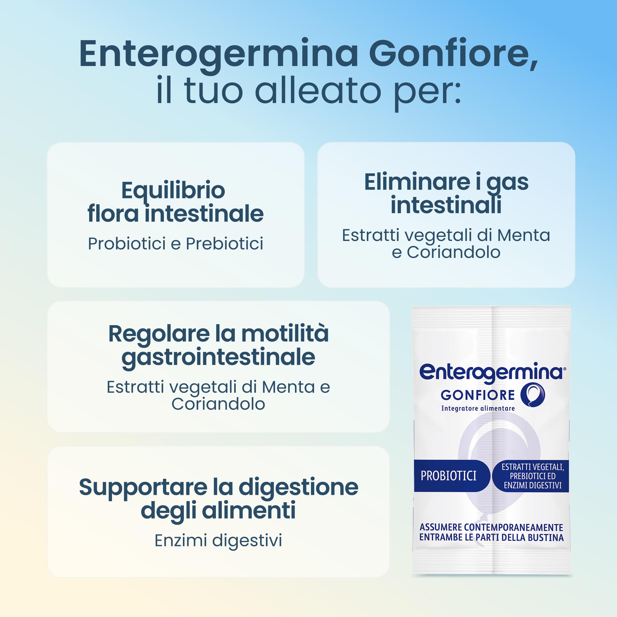 Enterogermina Gonfiore, Fermenti Lattici Probiotici, Prebiotici per Adulti - Integratori con Enzimi Digestivi ed Estratti Vegetali contro Pancia Gonfia e Gonfiore Addominale (56 Bustine Gusto Pesca)