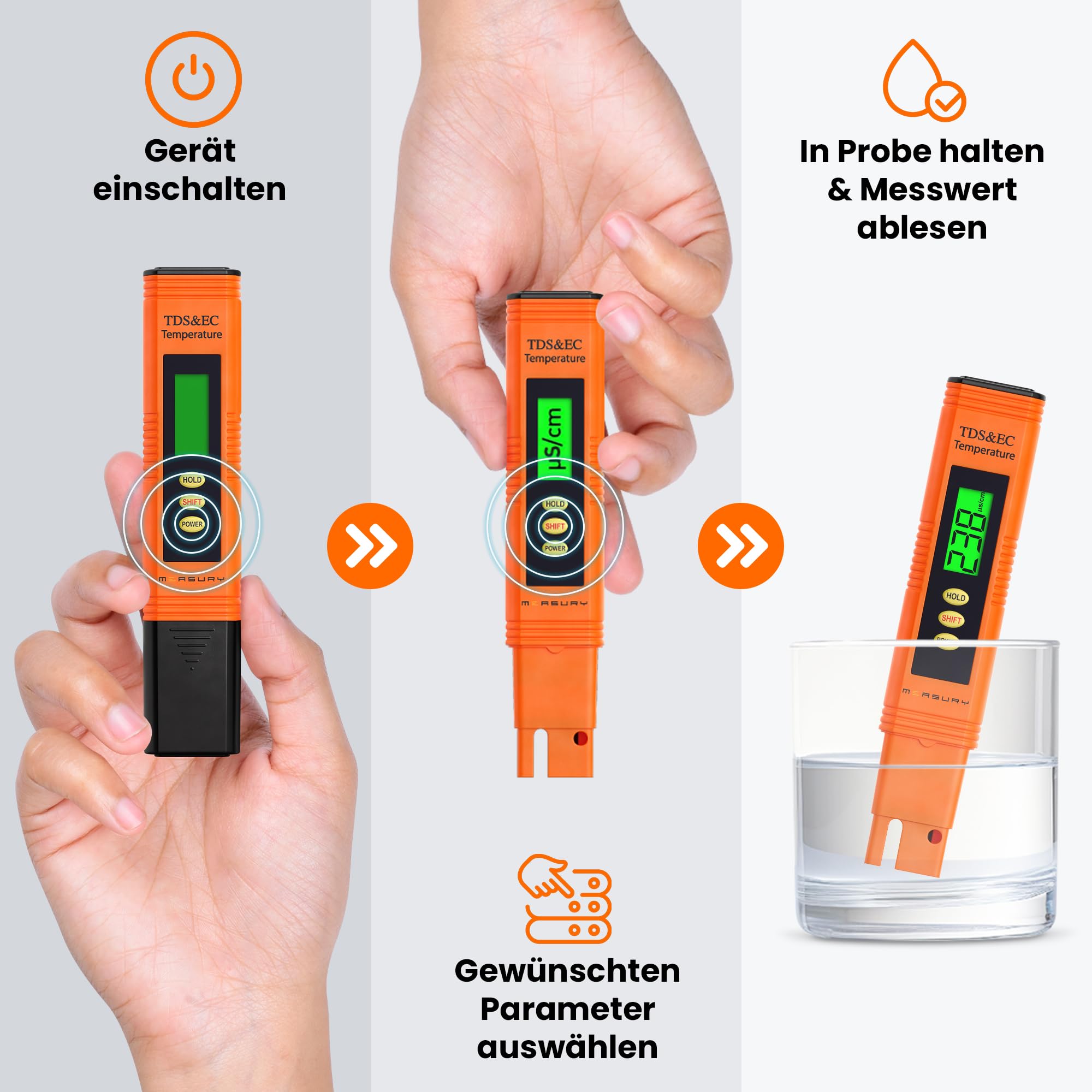 Measury Mikrosiemens Messgerät und PPM Messgerät Wasser, Wassertester Trinkwasser, TDS Messgerät für Trinkwasser, EC Messgerät, Leitwertmessgerät Aquarium - Leitfähigkeitsmessgerät Wasser Tester