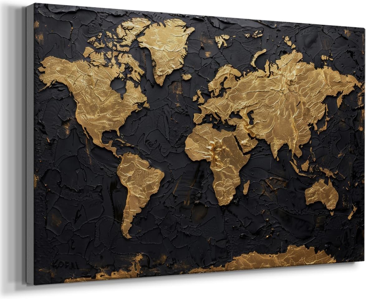 Renditions Gallery Canvas Paintings for Home Dark & Gold World Map with Crumpled Background Artwork Wall Hangings for Drawing Room Kitchen Bedroom - 24" X 36" LT572