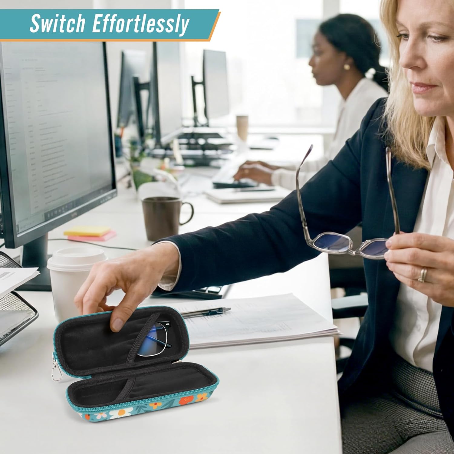 WOMACO Double Glasses Case – Hard Shell Dual Eyeglass & Sunglasses Holder with Clip, Portable Travel Eyeglasses Box for Women - Image 2