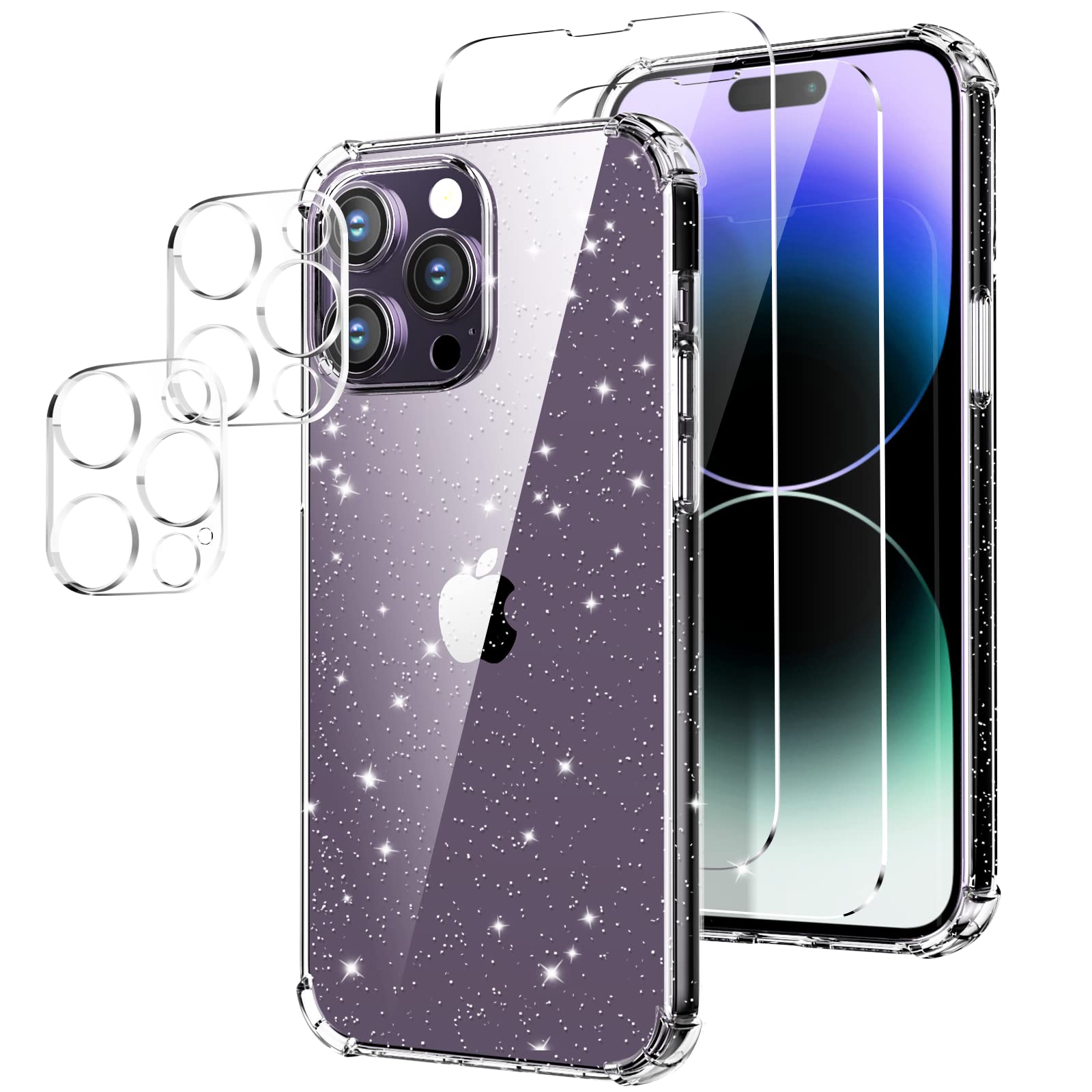 OududianziCase Compatible with iPhone 14 Pro Max, [2x Tempered Glass Screen Protector+2x Camera Protector] Crystal Clear Glitter Transparent Case Ultra-thin Shockproof Silicone TPU Protective Cover