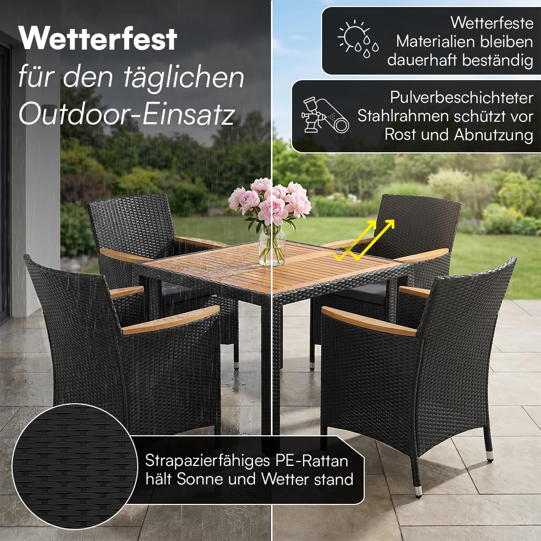 STEELSØN Fawaris Polyrattan Sitzgruppe Outdoor 5-tlg. - Gartentisch mit 4x Gartenstuhl und Kissen – Gartenmöbel Set aus Akazienholz – Gartengarnitur Outdoor wetterfest Garten/Terrasse/Balkon - schwarz
