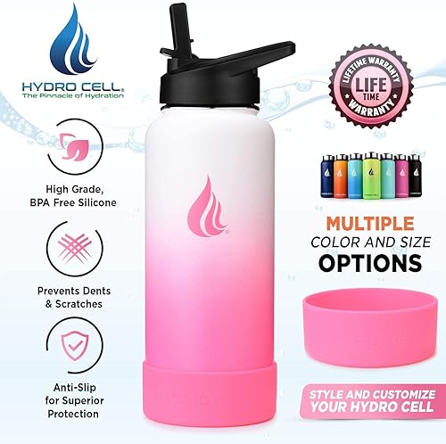 Miniatura 7 de HYDRO CELL Botella de agua de acero inoxidable con sorbete y tapa ancha de boca (blanco/rosa, 40 onzas con funda inferior de silicona protectora,
