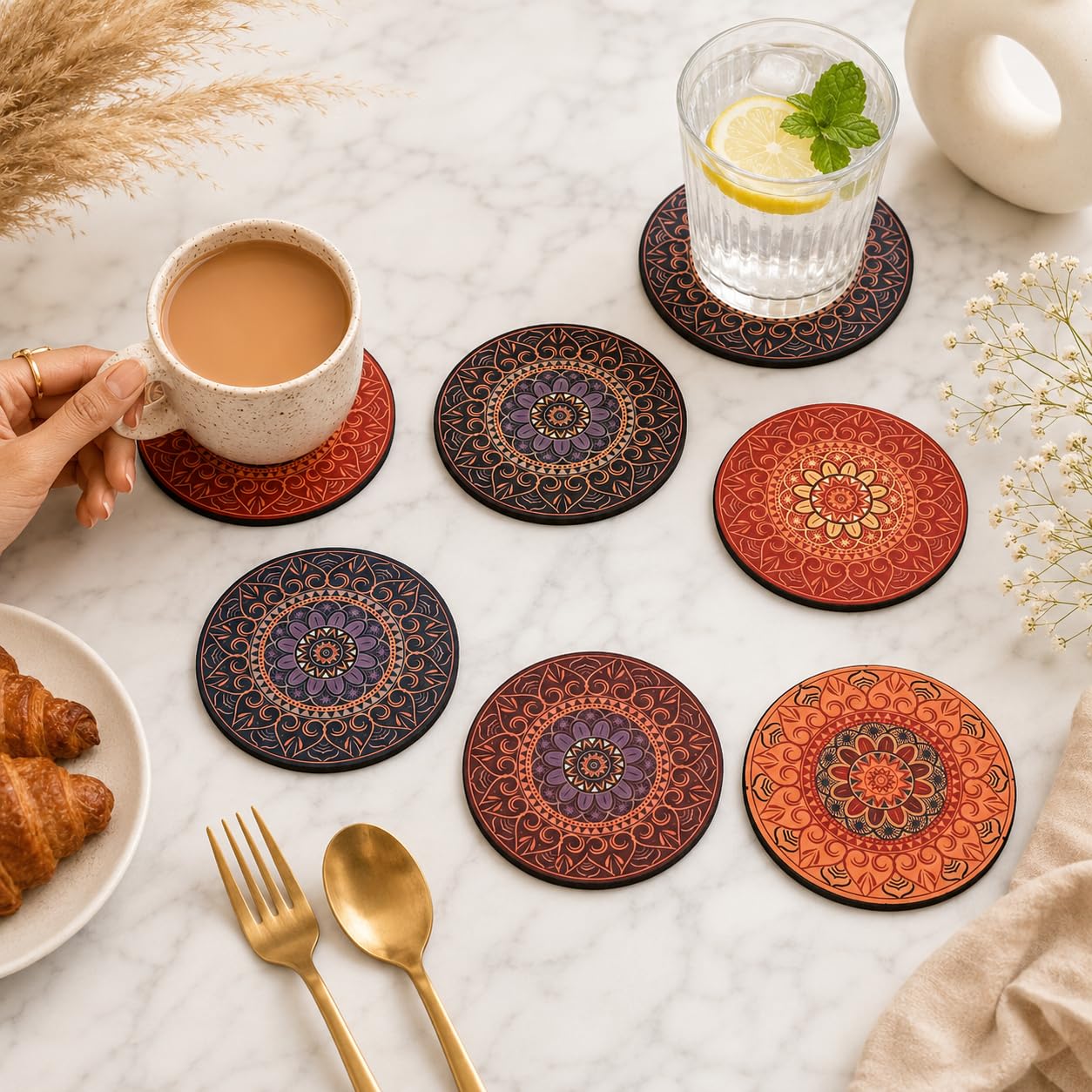 Gift Kya De GKD Coaster Set of 6 Beautiful Wooden Coasters with Proper Coaster Stand Designer Coaster Set fit for Tea Cups, Coffee Mugs and Glasses (6 pc Round 3.5 x 3.5 inch) Mutli Color-image-37