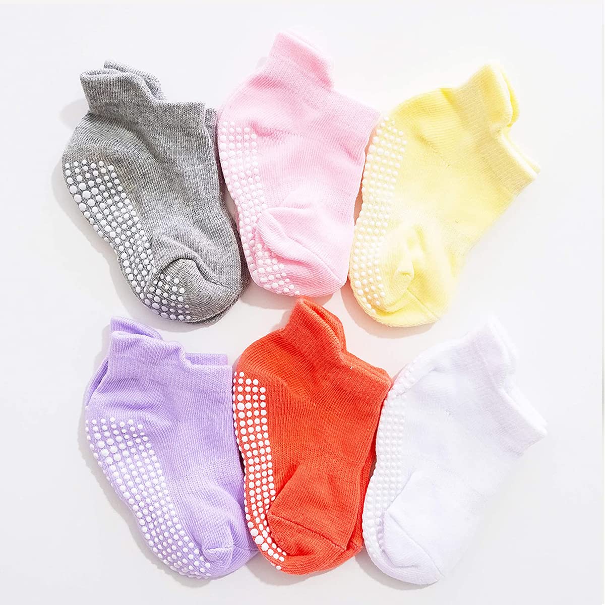 ECVVECVV 6 Pairs Non Slip Grip Ankle Socks with Non Skid Soles Anti Slip Child Crew Socks for Infants Toddlers Kids Boys Girls at 3-5 Years Old