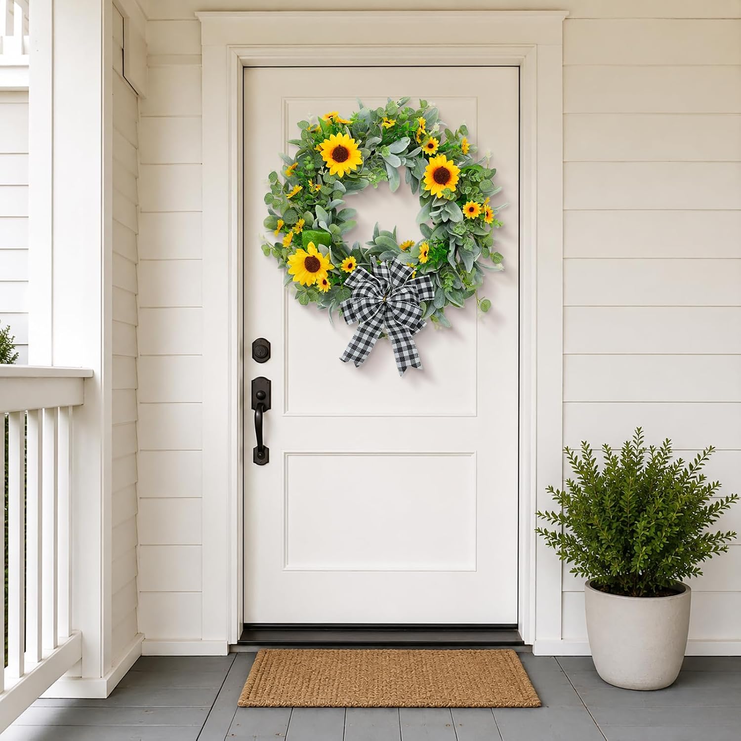 24" Sunflower Wreaths for Front Door, Rustic Summer Spring Front Door Wreath with Eucalyptus and Buffalo Plaid Bow for Indoor Outdoor Wall Window, Farmhouse Floral Wreath Decor for Porch
