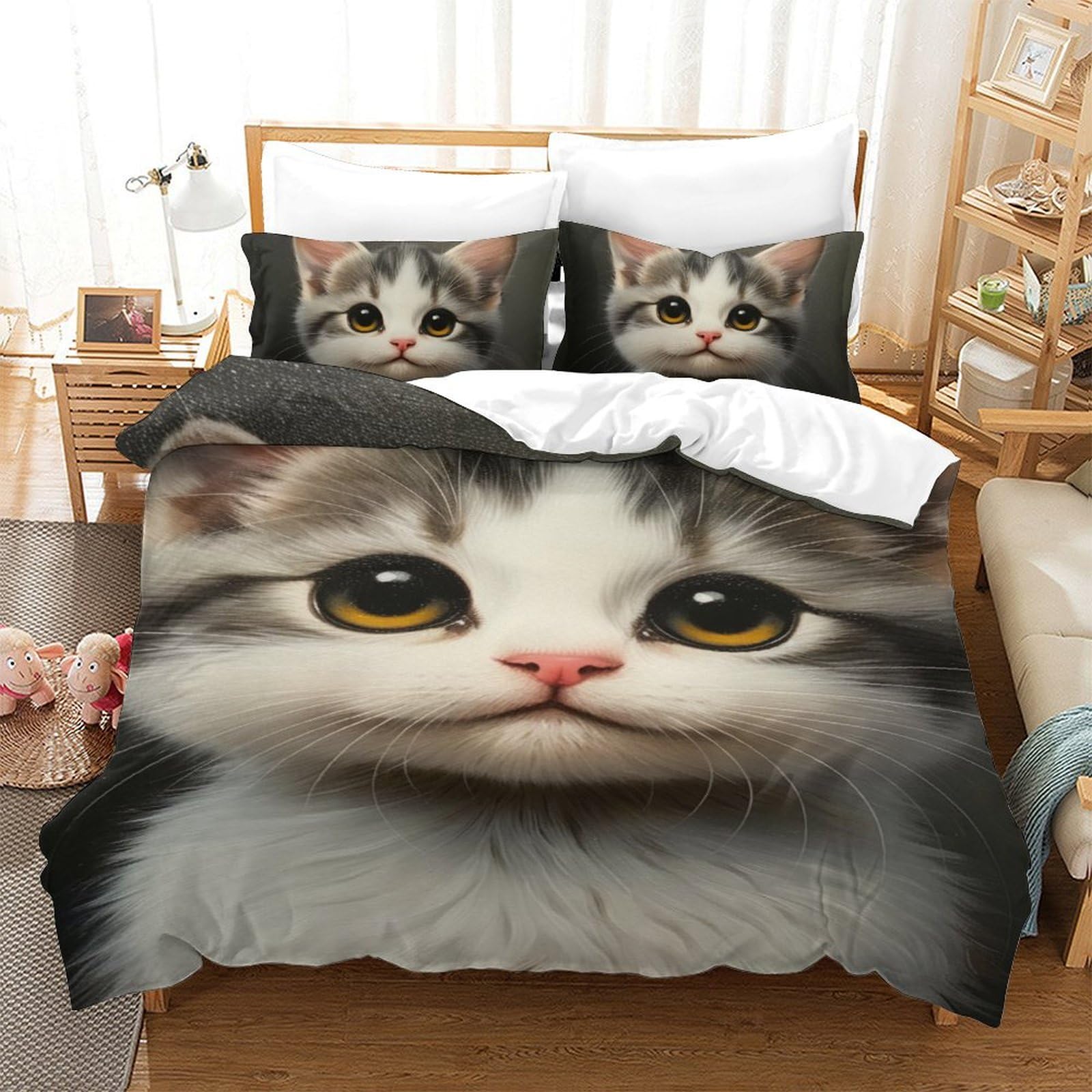 Housse de couette chat 3D 140x200 cm avec taies d'oreiller en microfibre pour lit enfant