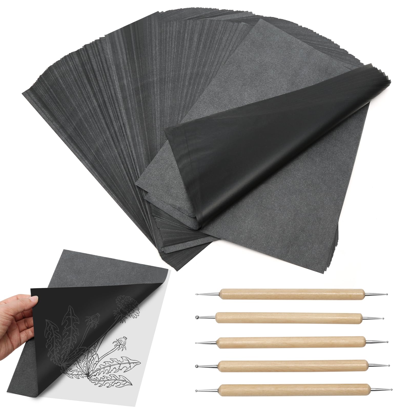 200 Sheets Black Graphite Transfer Paper A4, Carbon Copy Paper for Tracing on Wood, Canvas, Metal & Glass, with 5 Stylus, for DIY Art, Craft, Wood Burning & Dressmaking