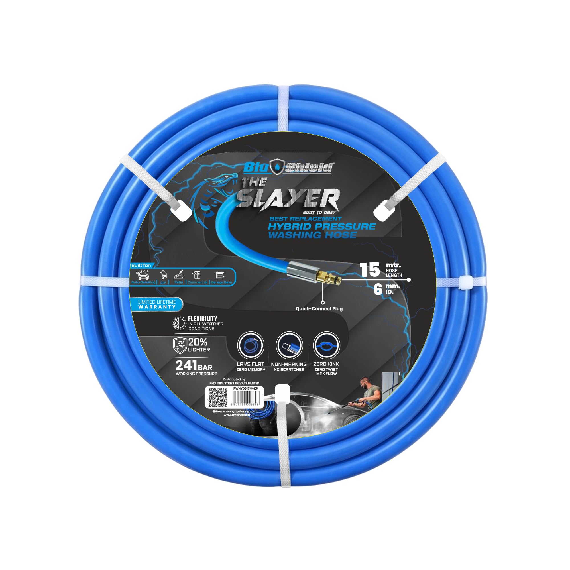 Blu Shield Slayer Hybrid Pressure Washing Pipe | 6mm × 15m (1/4" × 50') | 3500 PSI | Kink-Resistant, Lightweight | KR Plug Both Ends | Car Wash, Driveway & Patio Cleaning Hose-picture-41