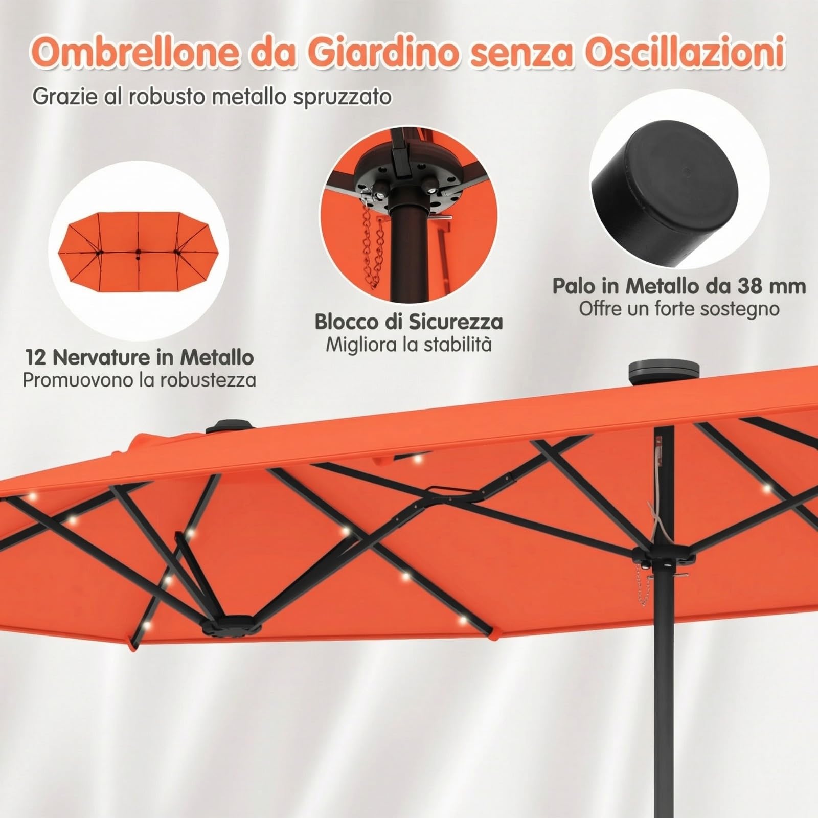 RELAX4LIFE Ombrellone da Giardino 4 x 2 M con Luci LED, Parasole Doppio con Base e Apertura Manovella per Patio, Terrazzo, Balcone e Ristorante (Arancione-Base+Luci, 4 x 2 M)