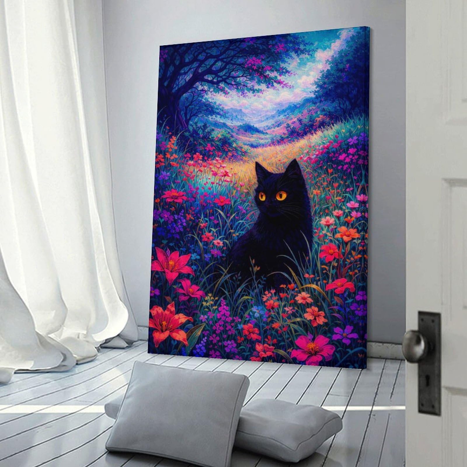 Junmoney Black Cat in A Vibrant Flower Field Room Decor Wall Art, 24x36inch(60x90cm), for Hallway, Lounge Or Guest Room, Gift Idea for Housewarming And Birthdays