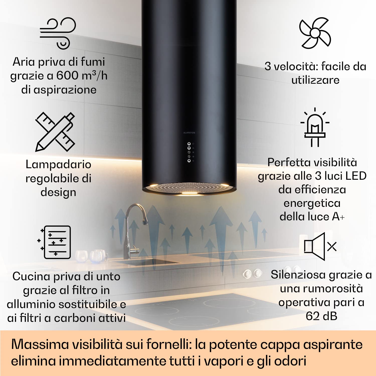 Klarstein Cappa Aspirante, Cappa Cucina con Timer e Flusso d'Aria di 600m³/h, Cappa Sospesa per Isola Cucina con 3 Modalità e Filtri Antigrasso, Cappa Isola Sottopensile con Filtri a Carboni Attivi