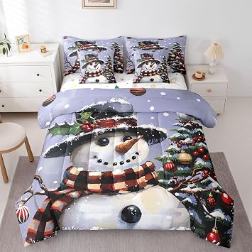 Feelyou Kids Christmas Theme Decorations Bed in a Bag Xmas Snowman Bed Set for Boys Girls Merry Christmas Comforter Set with Sheets Funny Cute Decor Bedding Set Bedroom Collection Twin Size