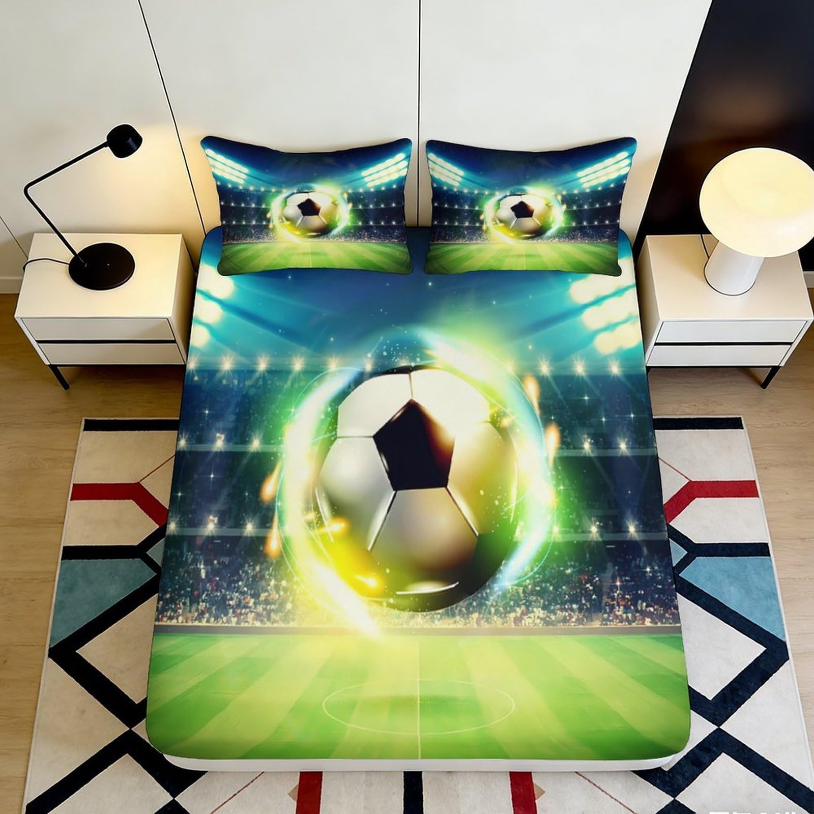 3D Printed Football Stadium Fitted Sheet Microfiber Anti-Slip Soccer Match Bed Cover Machine Washable for Bedroom Decor 90x200x25cm