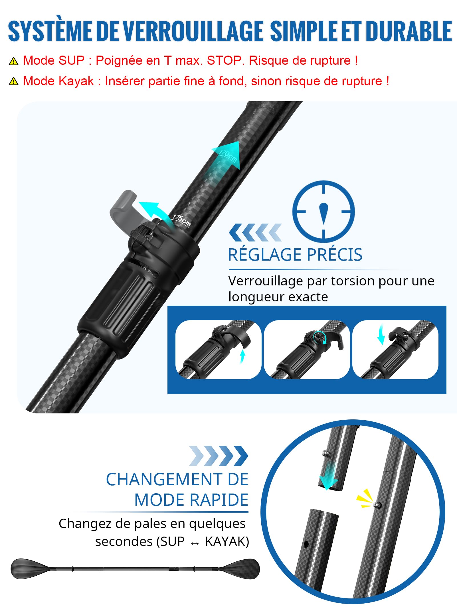 Remo 2 en 1 adecuado para tablas de remo de pie y kayaks – Longitud ajustable de 175 a 210 centímetros – Ligero y resistente – Construcción de fibra de carbono y nailon