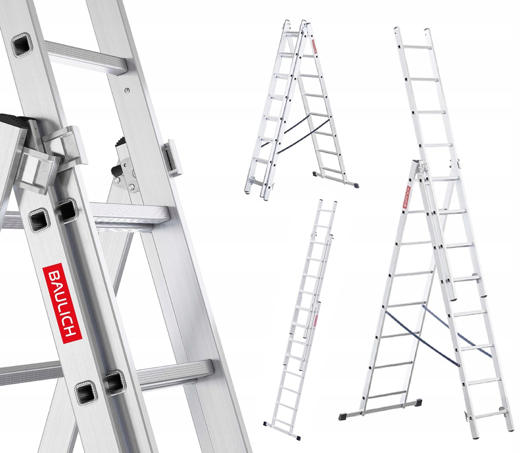 Multipurpose 3-in-1 Hand Ladder - Wall Ladder and Scissor - Extendable Aluminium - 3 x 8 (Steps) Versatile, Foldable, up to 150 kg, for Home and Garden Works, Lightweight 11 kg, Silver