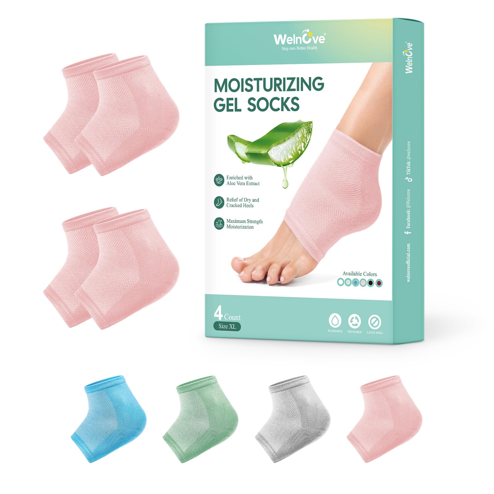 Welnove Moisturizing Heel Socks - 2 Pairs Aloe Vera Extract Infused Gel Lining for Dry Feet - Cracked Heel Repair Treatment - Cotton Socks for Women