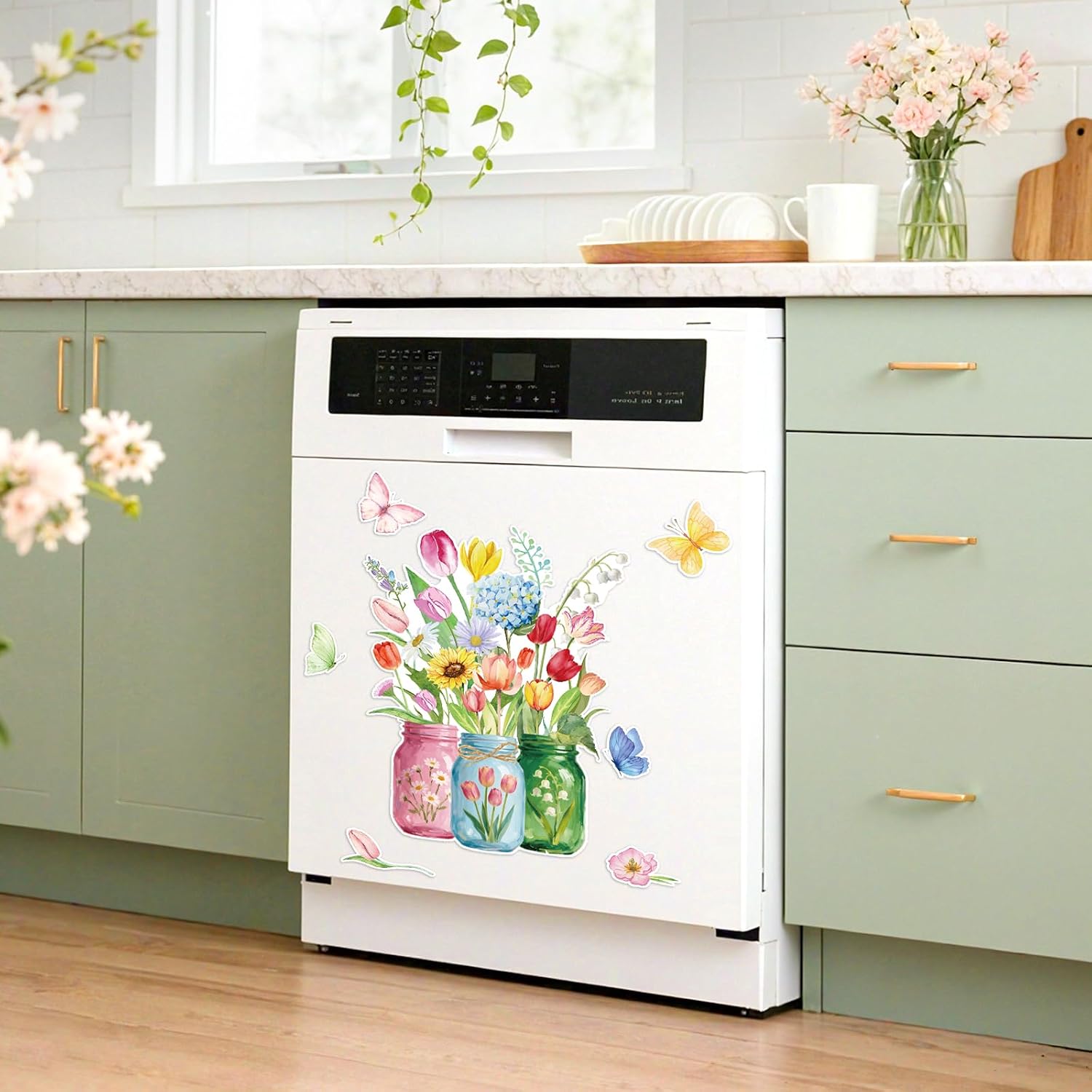 7pcs Flower Dishwasher Magnet Cover Spring Flower Vase Refrigerator Magnets Floral Magnetic Dishwasher Cover Stickers Decorations Floral Fridge Magnetic Stickers for Spring Home Kitchen Decor image 2