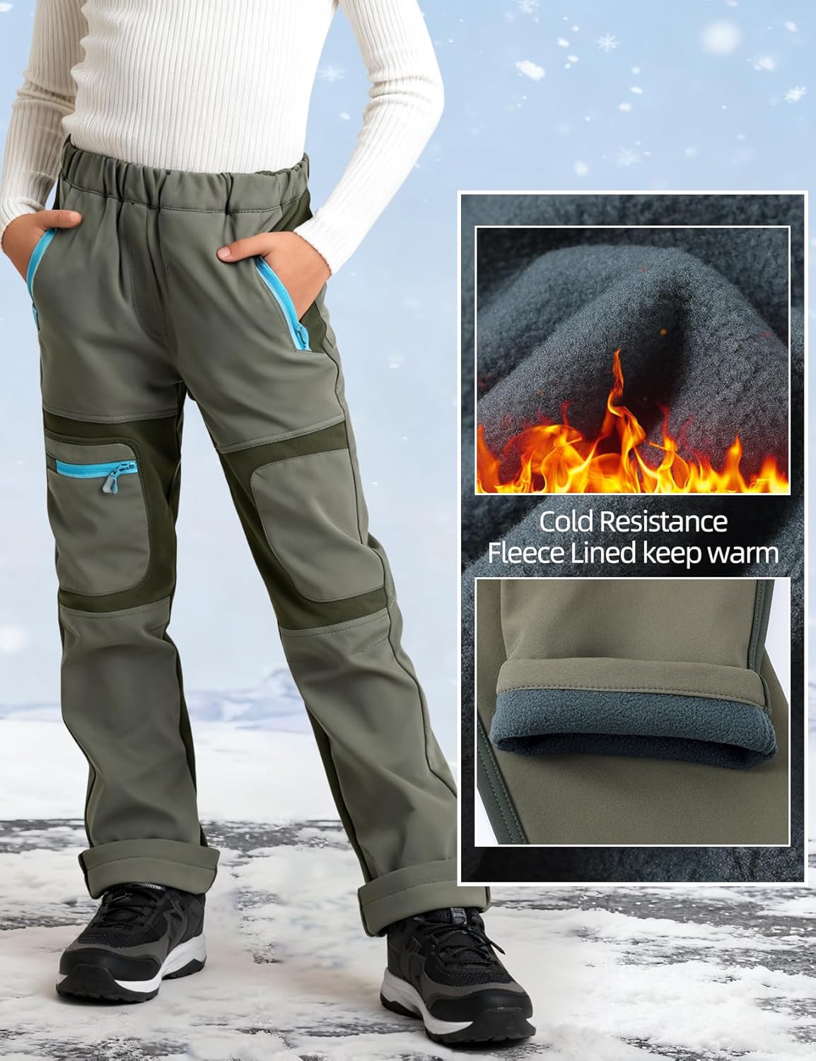 Arssm Kids Boy's Snow Pants Youth Fleece Lind Hiking Pants Softshell Winter Warm Insulated Trousers - Image 2