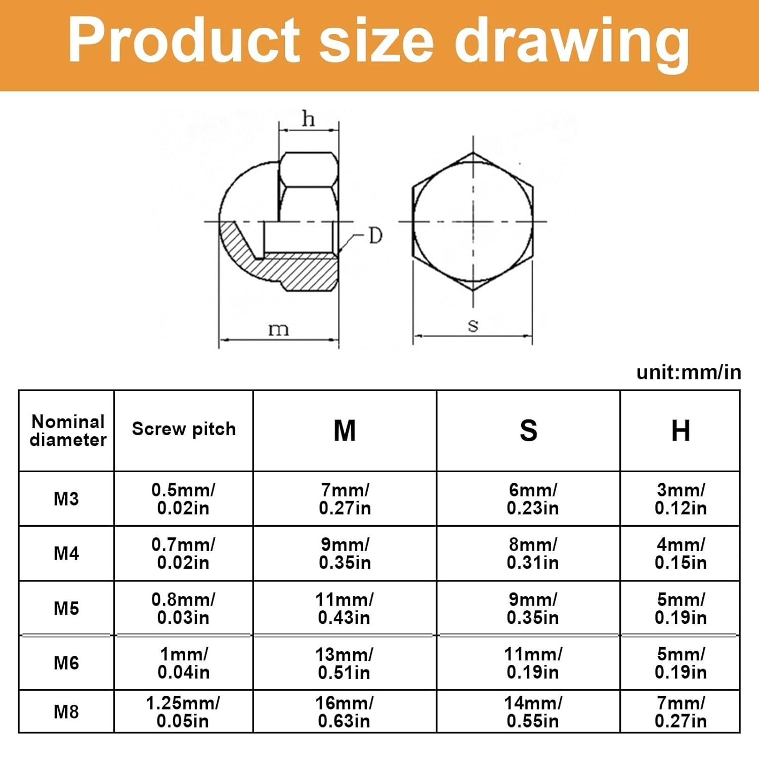 Acorn 144Pcs Outer Hexagonal Round Head Nuts Kit 304 Stainless Steel Acorn Cap Nut Suitable for Automotive Tire Installation