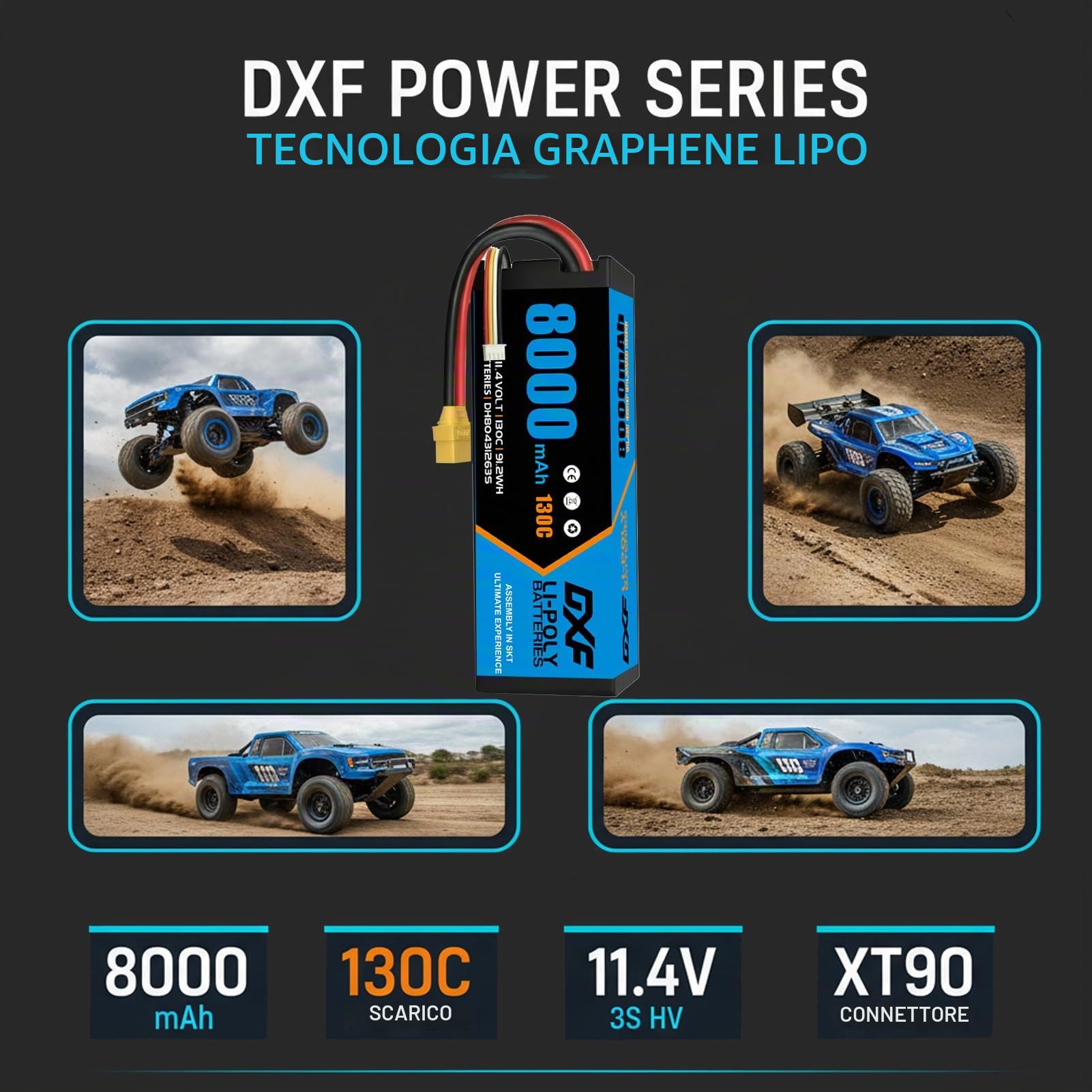 DXF 3S HV LiPo Batteria 11,4 V 8000 mAh 130 C Confezione da 2 batterie con spina XT90 per 1:8 1:10 RC Auto Truck Buggy Veicoli Racing Offroad Modellismo ad alte prestazioni senza spazzole