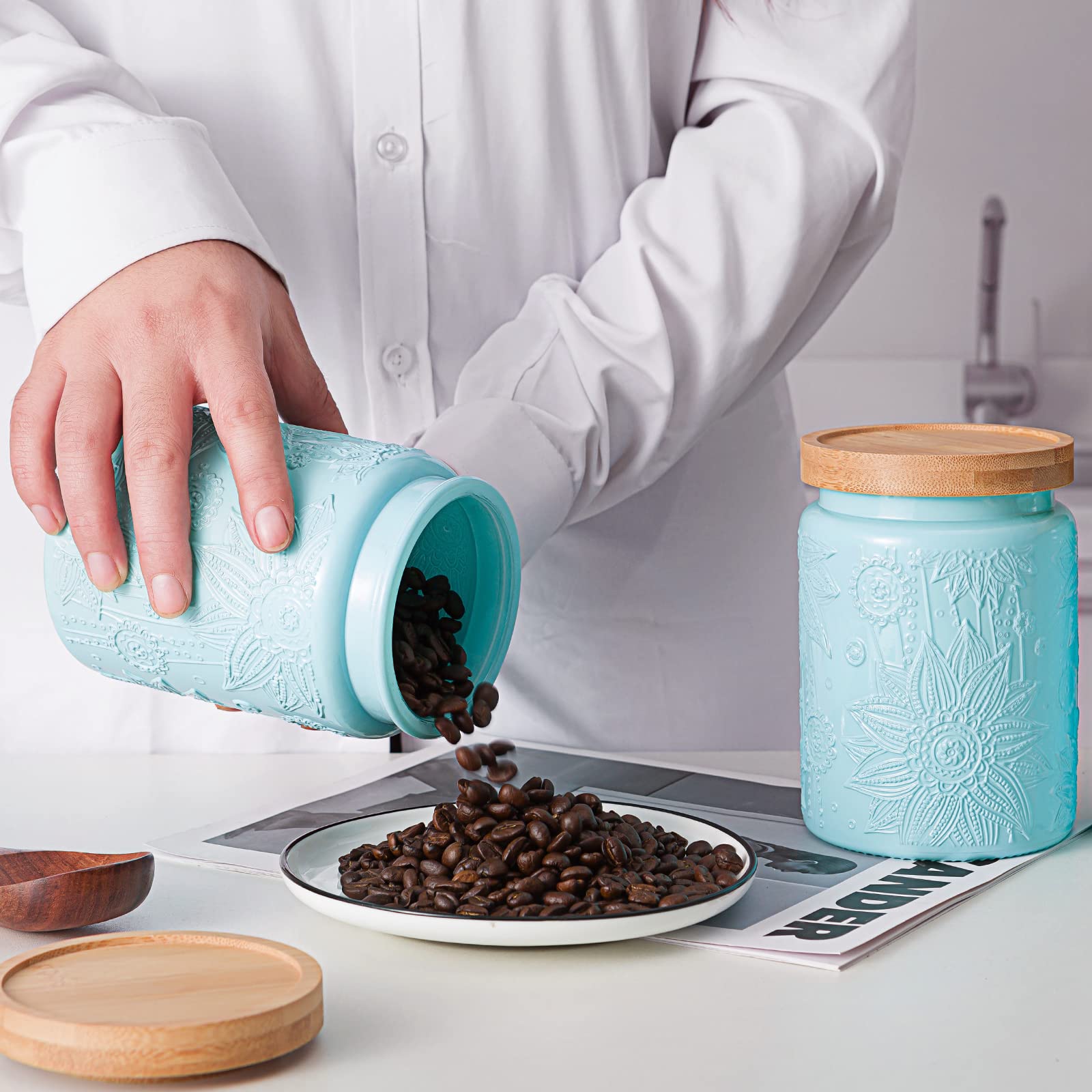 GoldArea 4 Pack Kitchen Canisters, 25 oz Food Storage Jars with Airtight Seal Wooden Lids, Vintage Blue Glass Containers for Pantry Organization and Storage, Ideal for Flour, Candy, Tea, Spice Jar